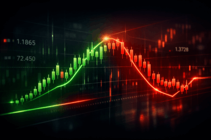 forex trading chart with green and red candlesticks showing price movement and market volatility
