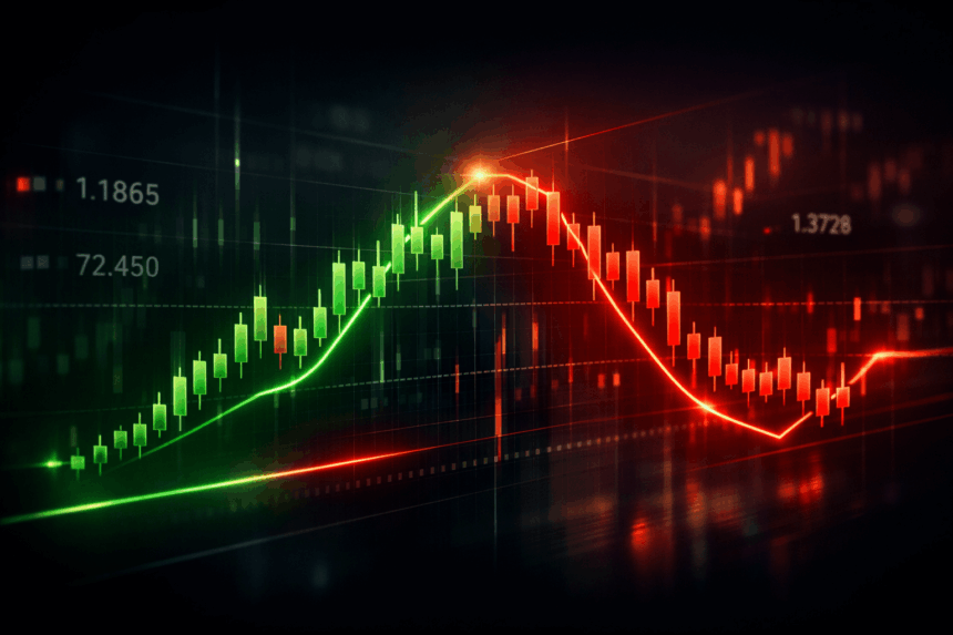 forex trading chart with green and red candlesticks showing price movement and market volatility