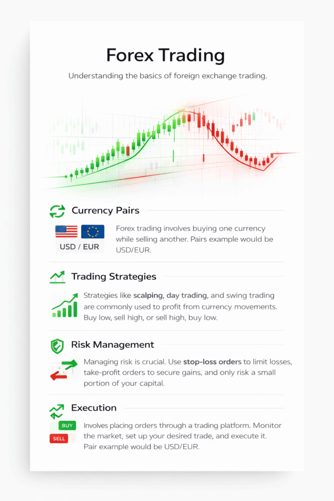 forex trading infographic showing currency pairs strategies and risk management on a clean white background